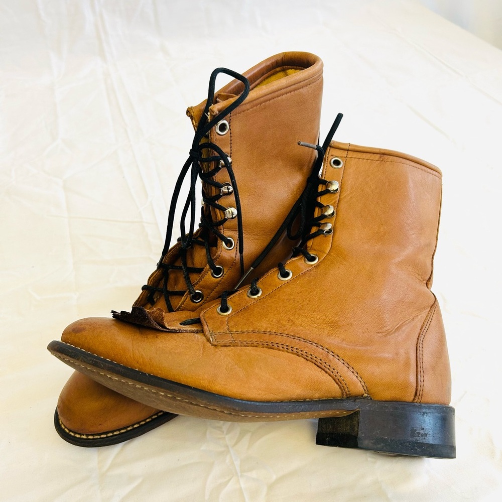 Laredo Tan Lace-Up Leather Roper Boots - Picture 15 of 16